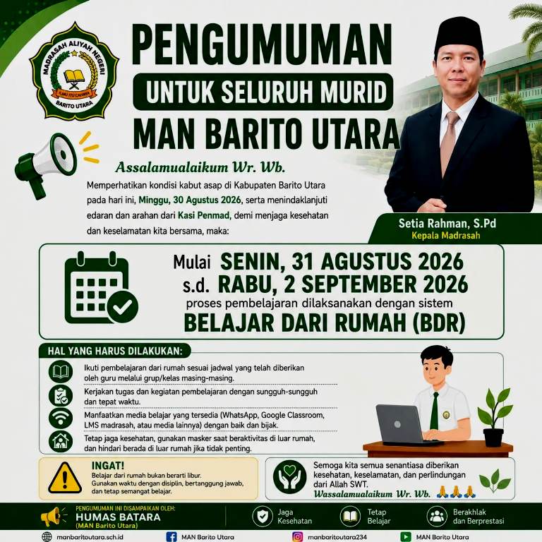 Kabut Asap Karhutla, MAN Barito Utara Terapkan Belajar dari Rumah Selama Tiga Hari